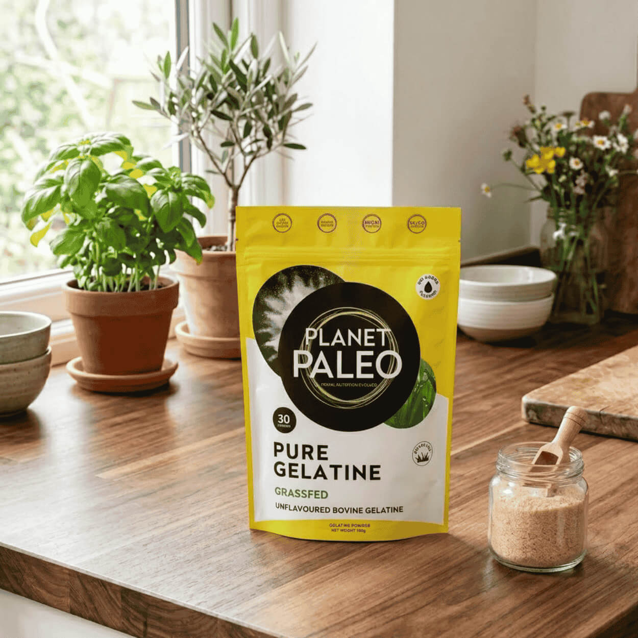 Balení hovězí želatiny Planet Paleo Pure v kuchyňském prostředí s připraveným želatinovým pokrmem.